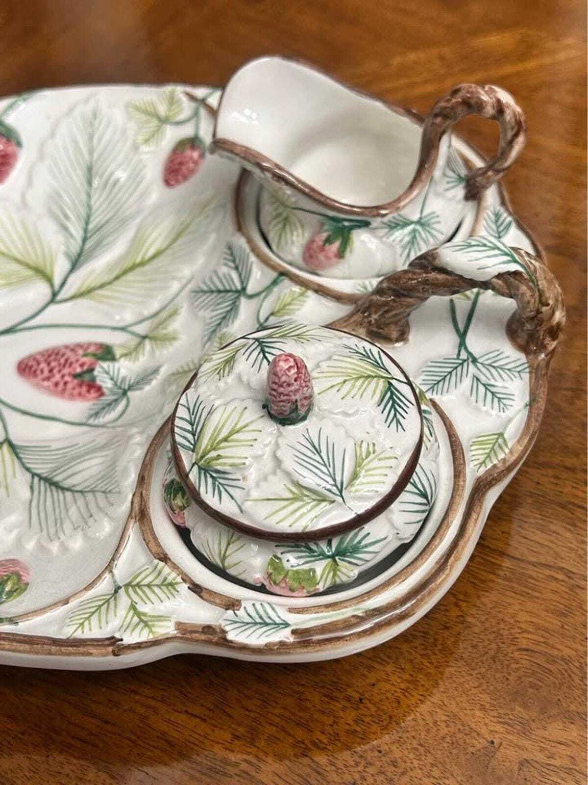 Vintage A.Z. Nove for Tiffany & Co. Majolica Strawberry Cabaret Set