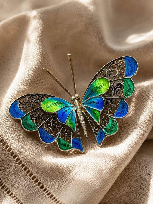 Vintage 800 Silver Filigree Butterfly Brooch With Blue & Green Enamel