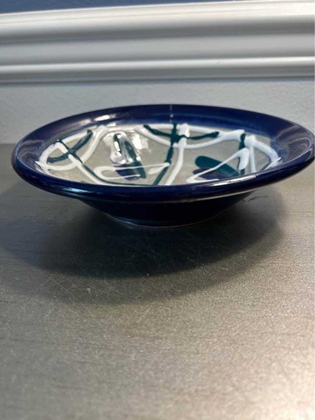 John Bauman Signed Studio Pottery Bowl, Abstract Blue & White Stoneware
