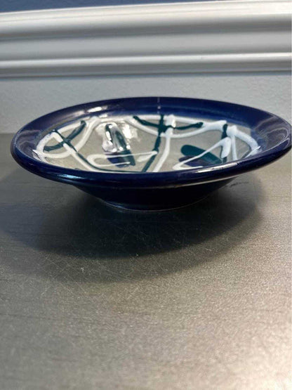 John Bauman Signed Studio Pottery Bowl, Abstract Blue & White Stoneware