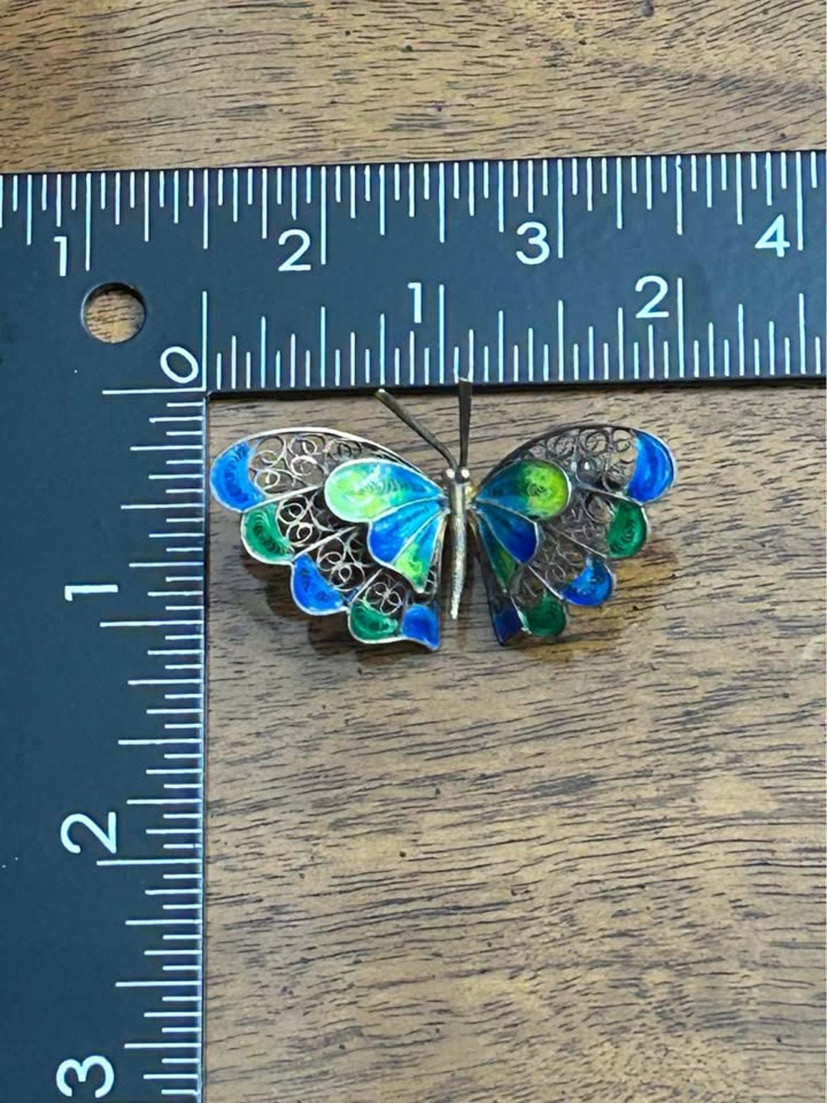 Vintage 800 Silver Filigree Butterfly Brooch With Blue & Green Enamel