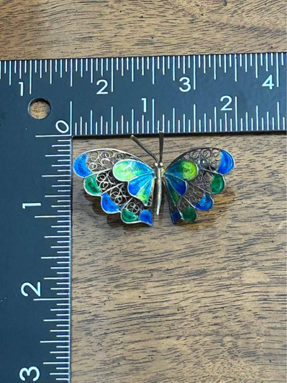 Vintage 800 Silver Filigree Butterfly Brooch With Blue & Green Enamel