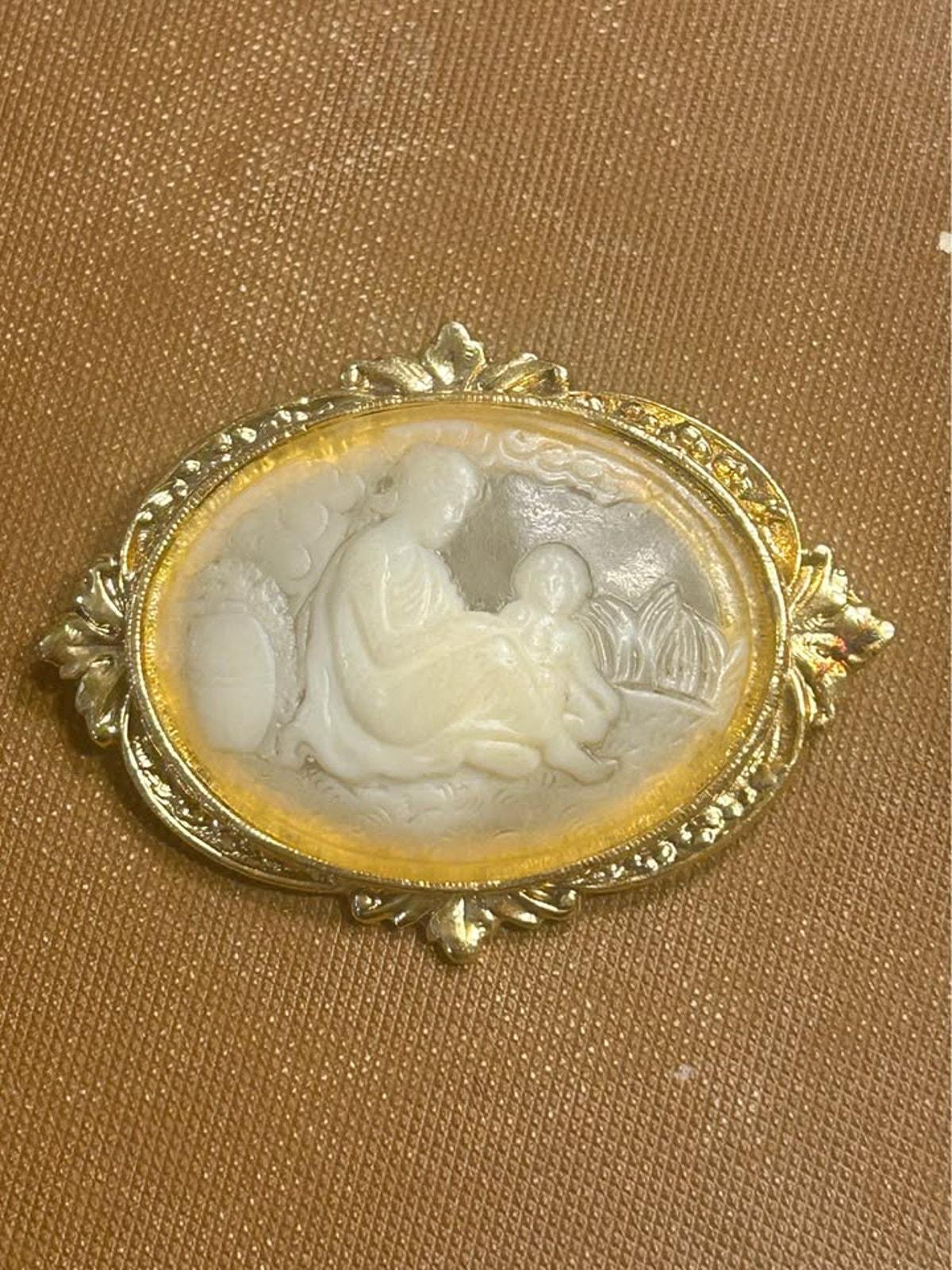 Vintage Victorian Revival Mother and Child Cameo Brooch Frosted Molded Inset Gold-Tone Frame