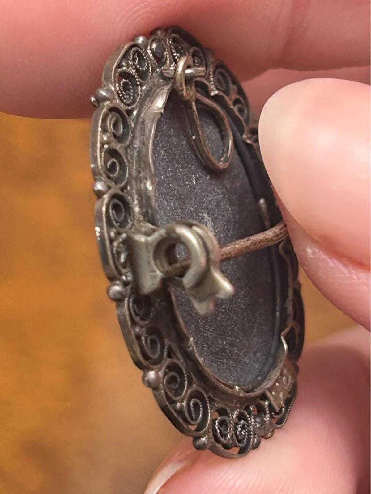 Vintage Italian 800 Silver Pietra Dura Style Floral Shell Inlay Brooch Pendant
