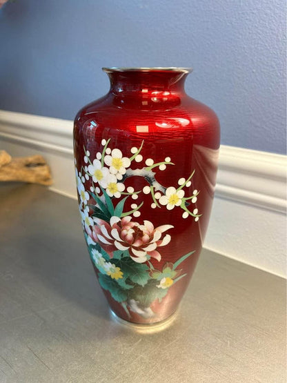 Ando Cloisonne Co. Red Akasuke Floral Vase | 9.5" Japanese Enamel