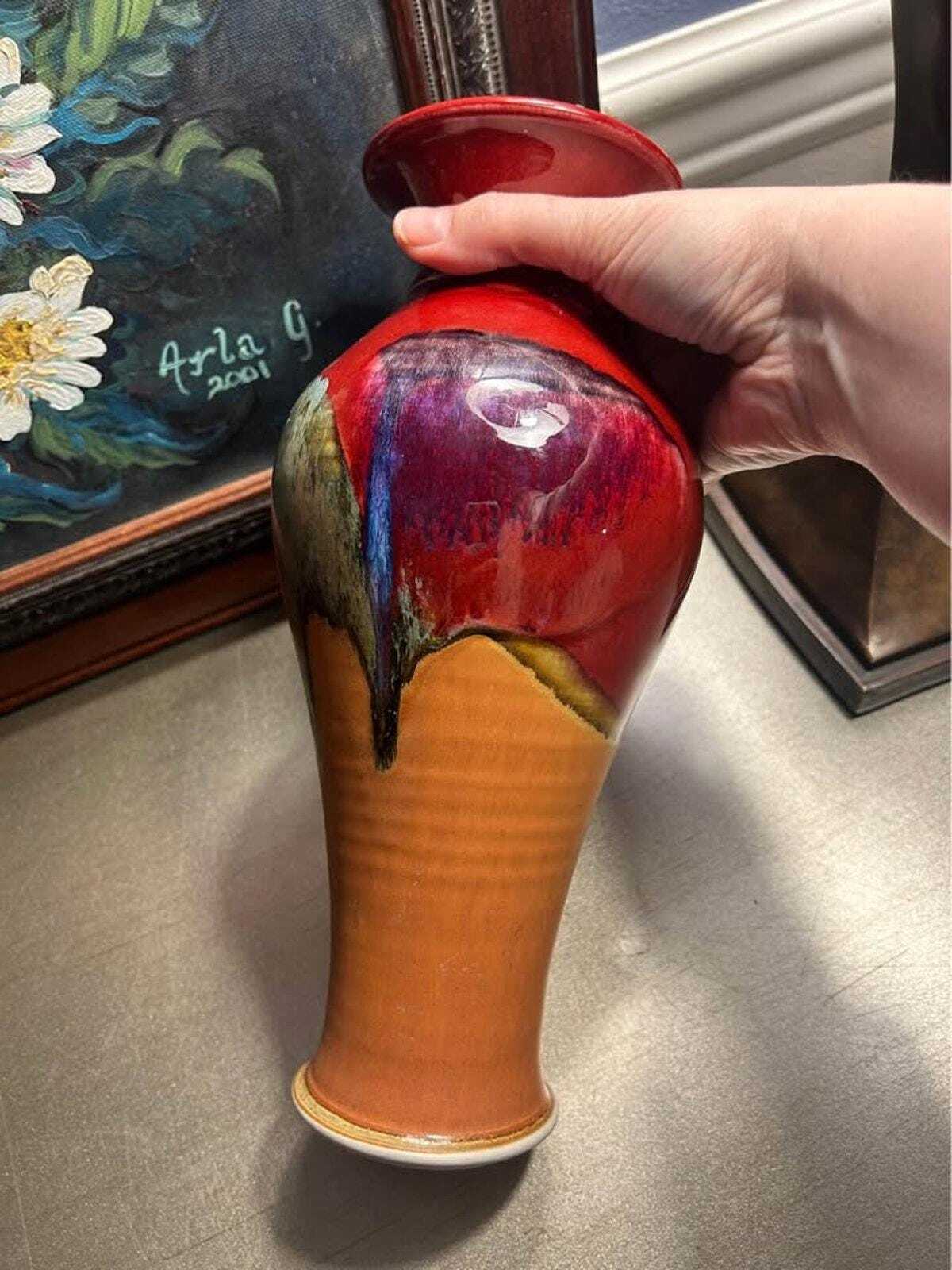 Kevin Berg Signed Studio Art Pottery - 12" Drip Glaze Terracotta Vase