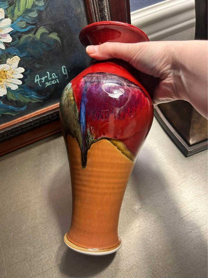 Kevin Berg Signed Studio Art Pottery - 12" Drip Glaze Terracotta Vase