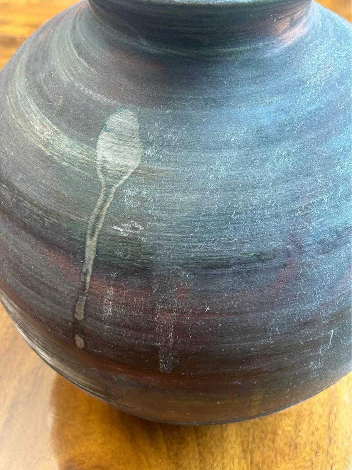 Vintage Large Signed Pam Carson Raku Pottery Metallic Glaze Vessel