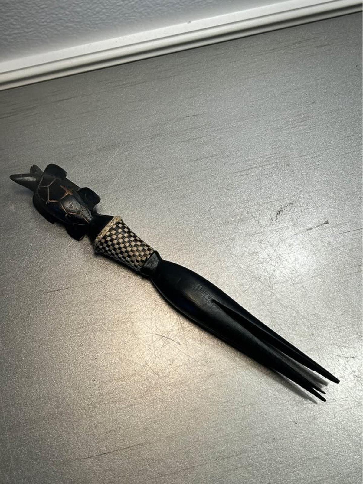 Vintage Kenyan Wood Turtle Salad Fork - Hand-Carved Ebony and Woven Raffia - 10 Inches