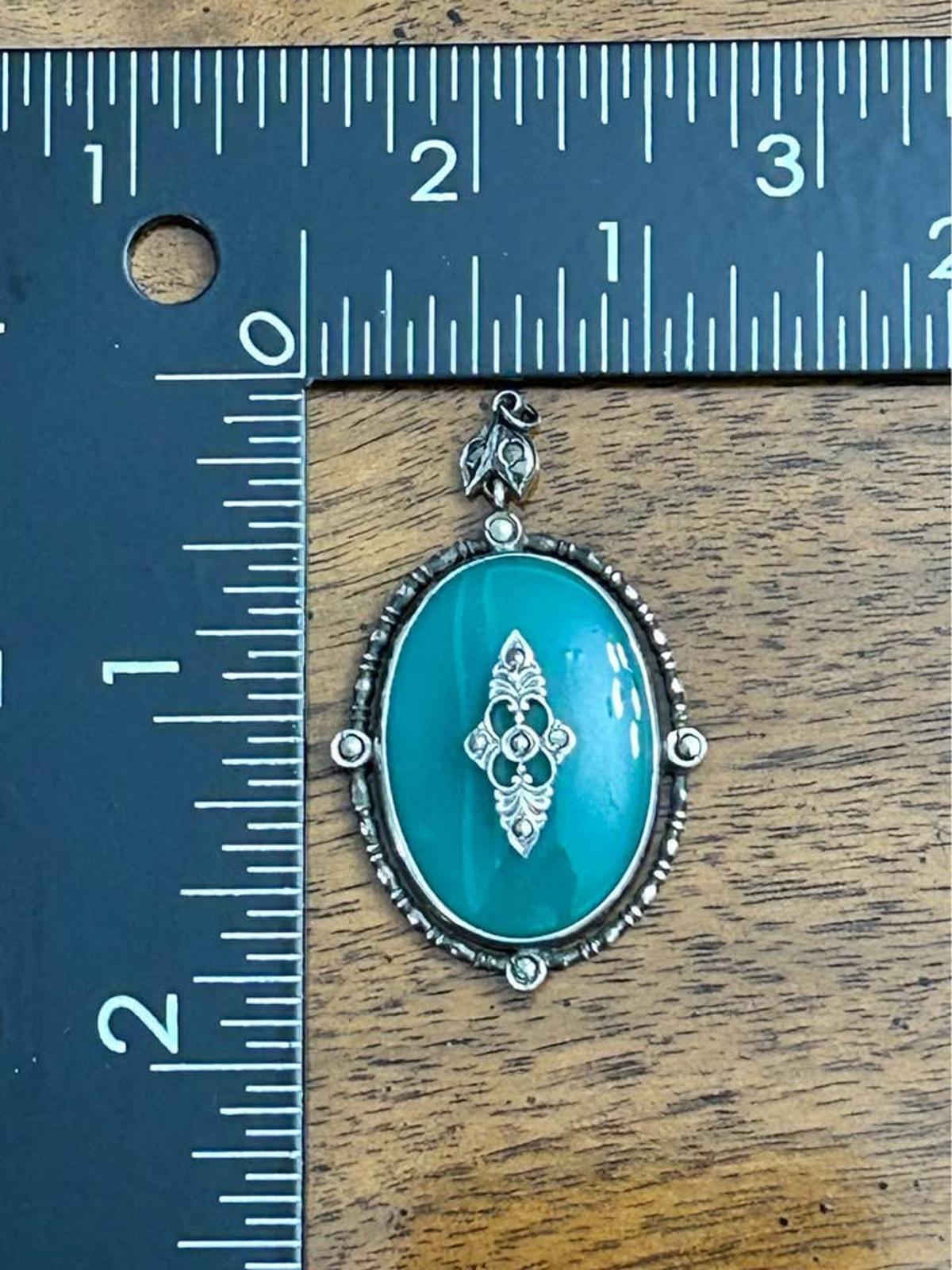 Antique Art Deco Sterling Silver Green Chrysoprase Marcasite Pendant