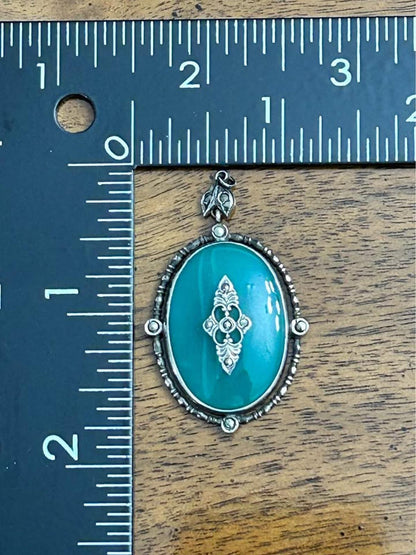 Antique Art Deco Sterling Silver Green Chrysoprase Marcasite Pendant