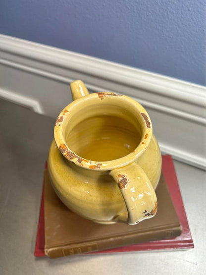 Leona Italy 1960s Handworked Yellow Pottery Pitcher - Rustic Relief Crest
