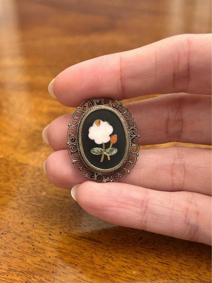Vintage Italian 800 Silver Pietra Dura Style Floral Shell Inlay Brooch Pendant