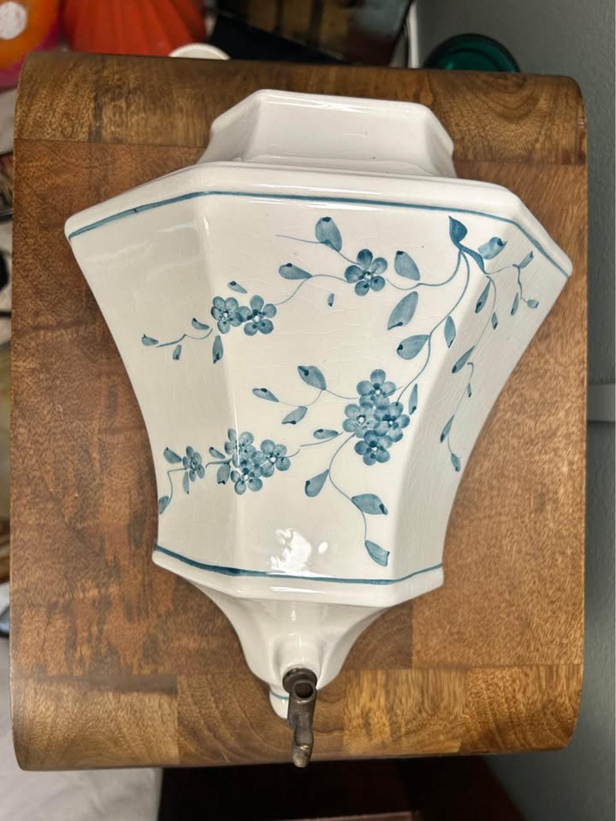 Mid-Century Italian Ceramic Wall Pocket | Blue Floral Design