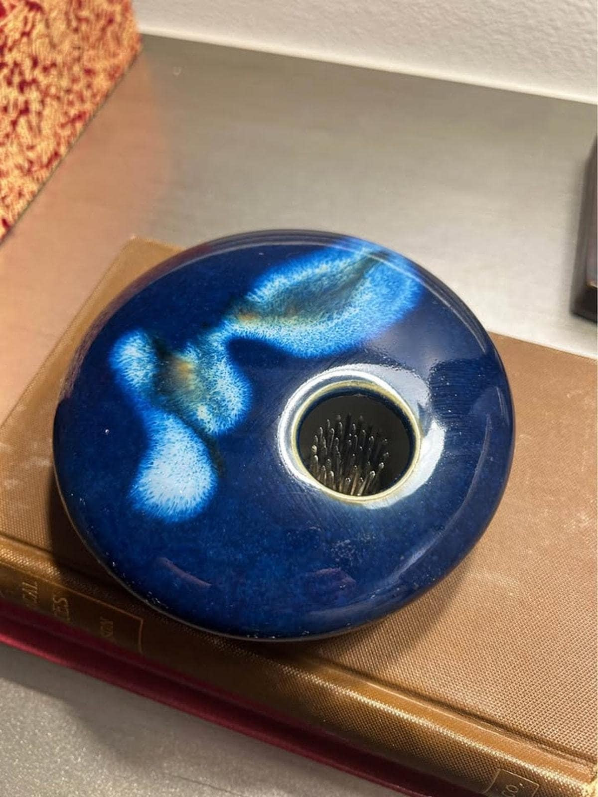 Chris Powell Crystalline Ikebana Vase – Cobalt Blue Studio Art Pottery Kenzan