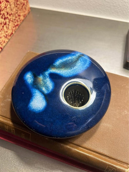 Chris Powell Crystalline Ikebana Vase – Cobalt Blue Studio Art Pottery Kenzan