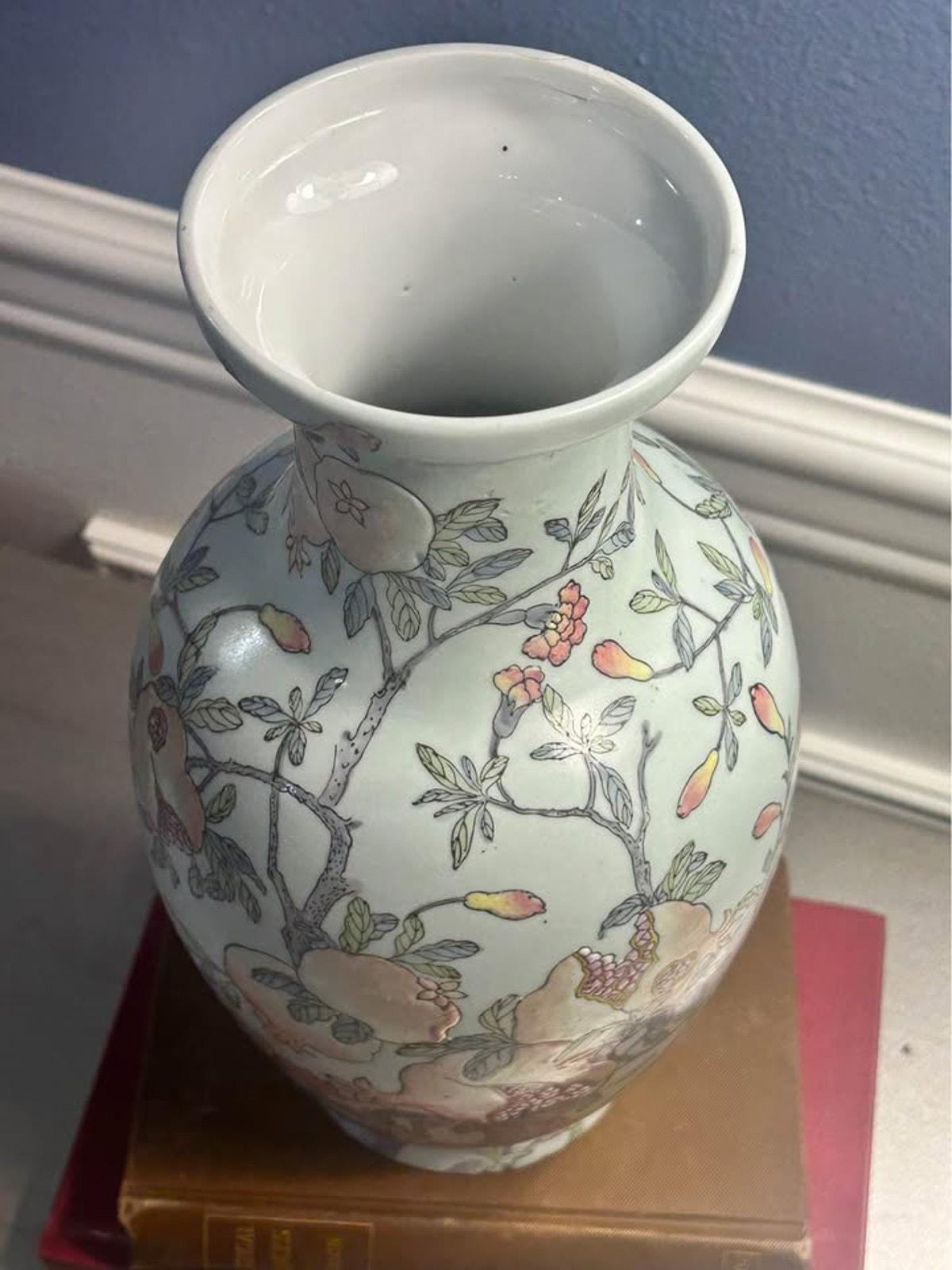 Vintage Chinese Porcelain Famille Rose Pomegranate Vase Celadon Ground Apocryphal Qianlong Mark