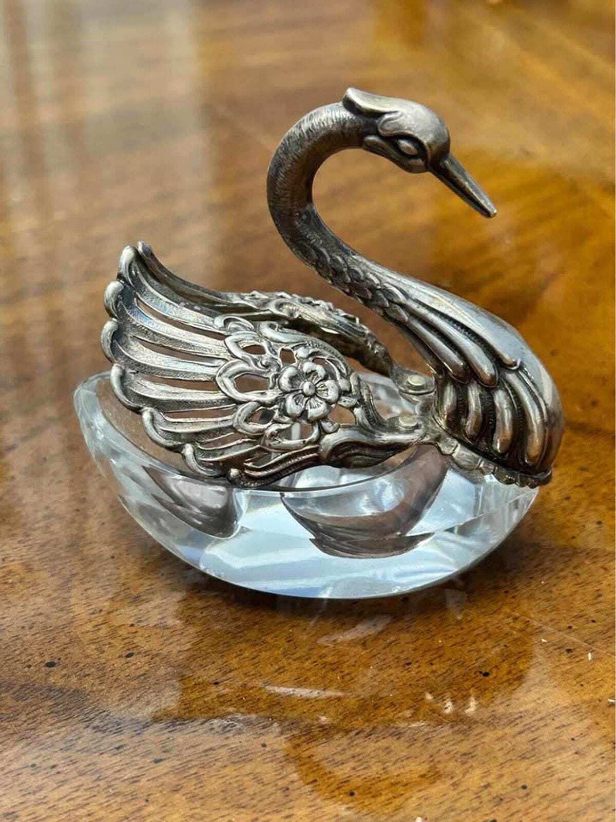 Vintage West German Sterling Silver and Cut Crystal Articulated Swan Salt Cellar
