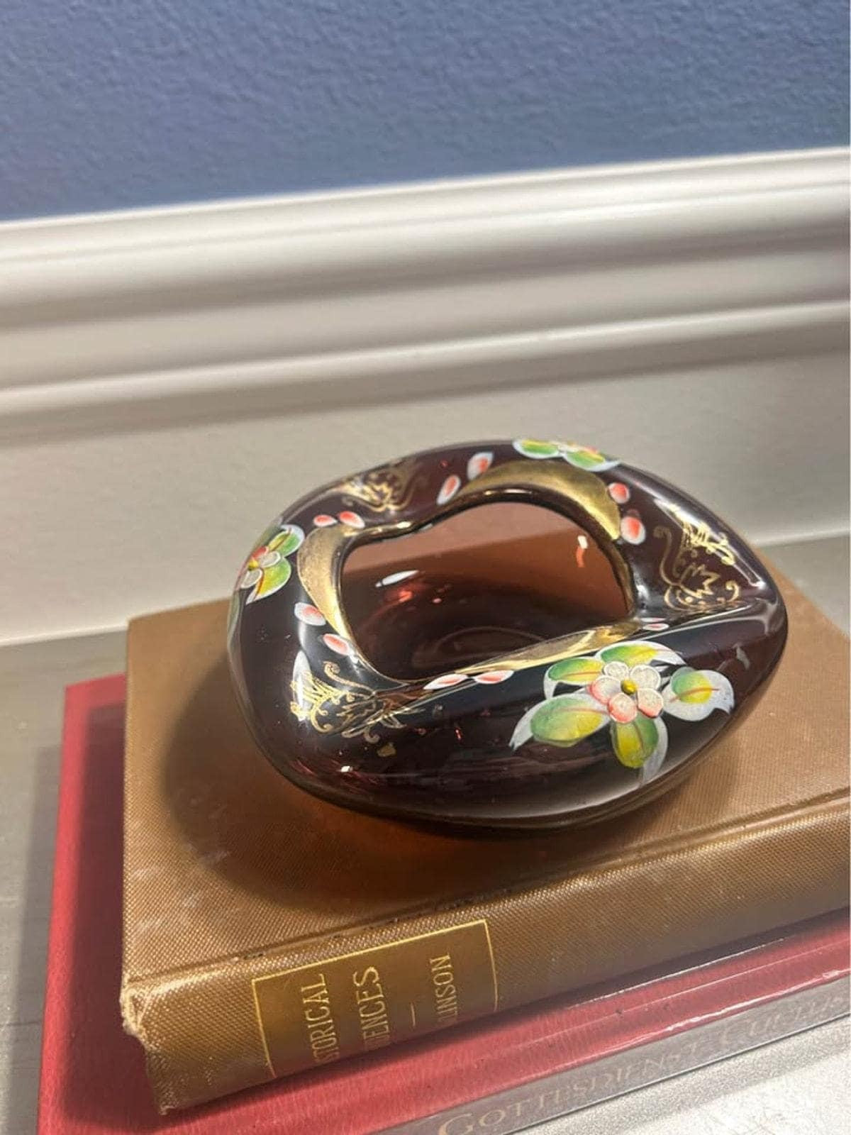 Vintage Bohemian Amethyst Enameled Art Glass Trifold Ashtray Bowl
