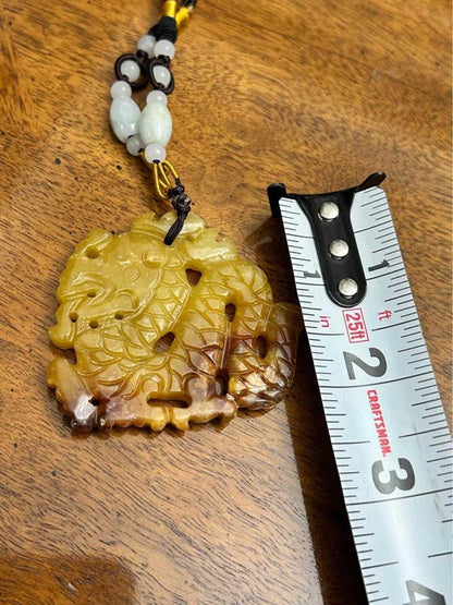 Vintage Carved Yellow and Russet Jadeite Dragon Fish Pendant Necklace