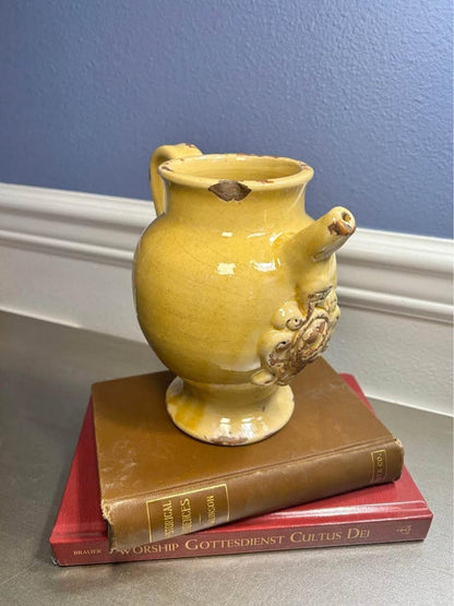 Leona Italy 1960s Handworked Yellow Pottery Pitcher - Rustic Relief Crest