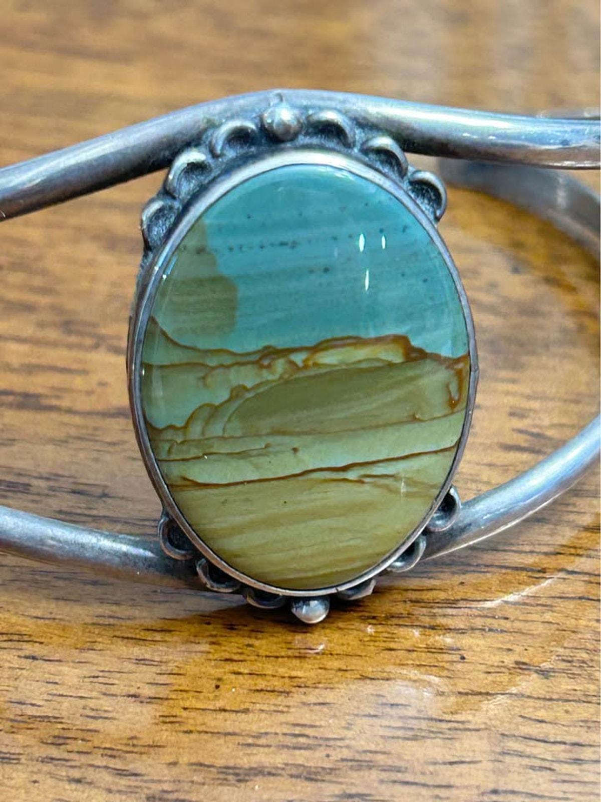 Vintage Southwestern Sterling Silver Picture Jasper Split Shank Cuff Bracelet