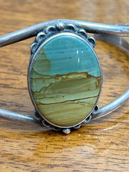Vintage Southwestern Sterling Silver Picture Jasper Split Shank Cuff Bracelet