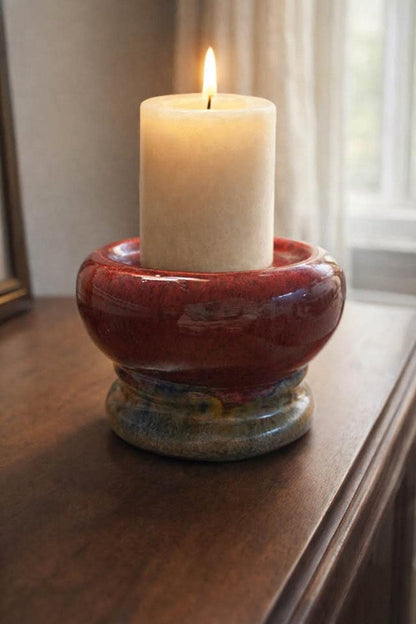Vintage Oxblood Ceramic Candle Pedestal – Sang de Boeuf Art Pottery Holder