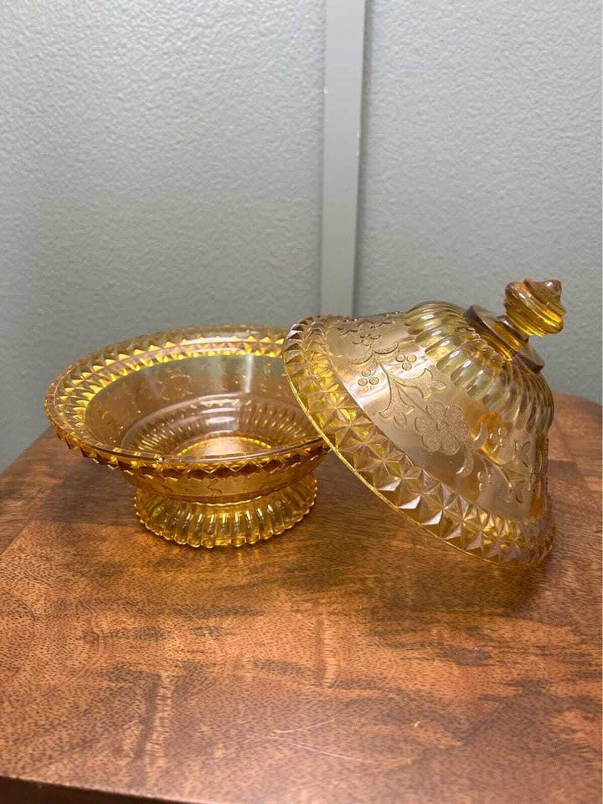 Adams Wildflower Pattern Amber Glass Pitcher and Covered Sweetmeat Set