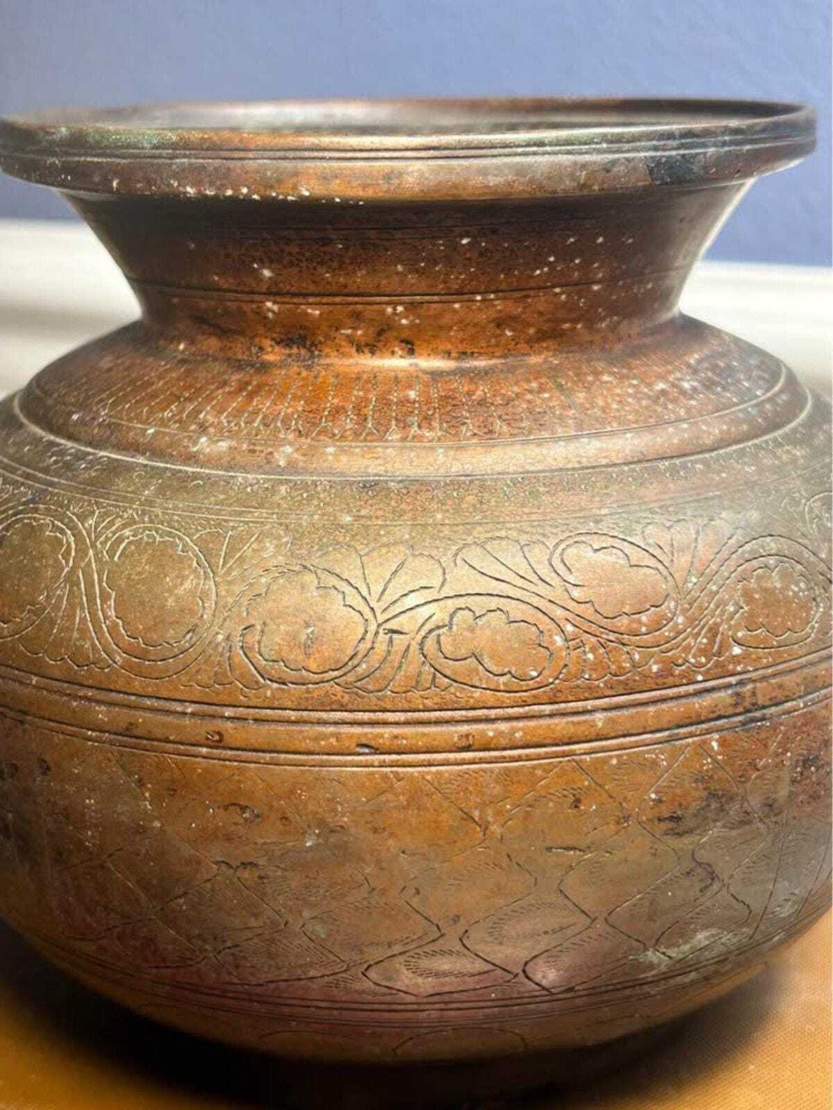 Vintage Hand-Engraved Indian Brass Lota Kalash Water Pot Etched Metal Vase