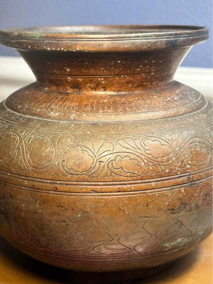 Vintage Hand-Engraved Indian Brass Lota Kalash Water Pot Etched Metal Vase