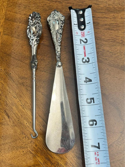Antique Sterling Silver Repoussé Shoe Horn and Button Hook Vanity Set