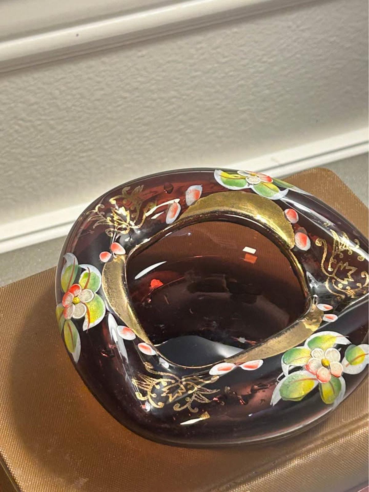 Vintage Bohemian Amethyst Enameled Art Glass Trifold Ashtray Bowl