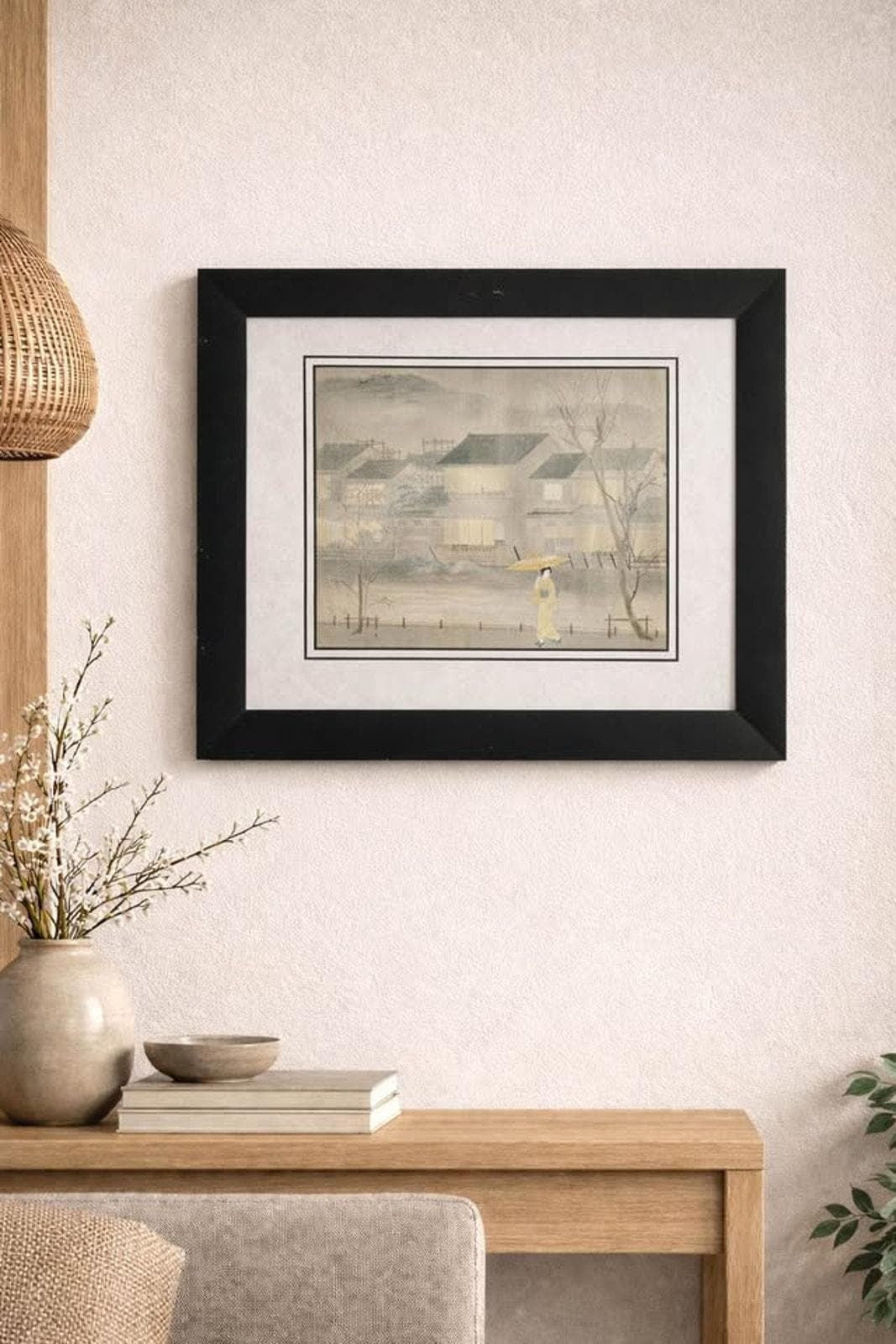 Vintage Japanese Woodblock Print - Geisha in Rain