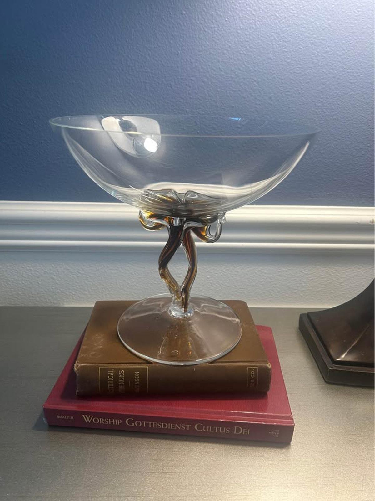Mid-Century Modern Amber Controlled Twist Glass Compote - Large 11” Art Glass Centerpiece Bowl
