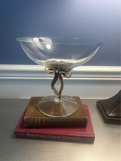 Mid-Century Modern Amber Controlled Twist Glass Compote - Large 11” Art Glass Centerpiece Bowl