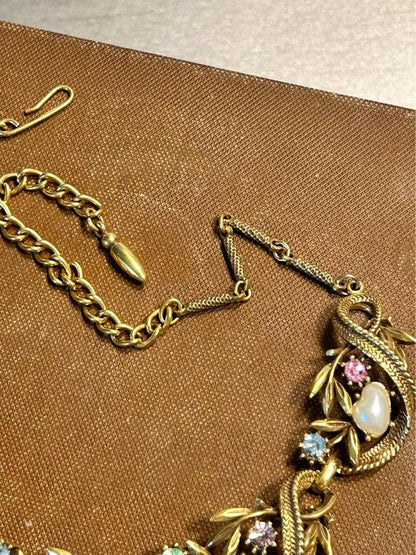 Unsigned Coro Book Piece Vine Choker Faux Pearl Pastel Rhinestone 1950s