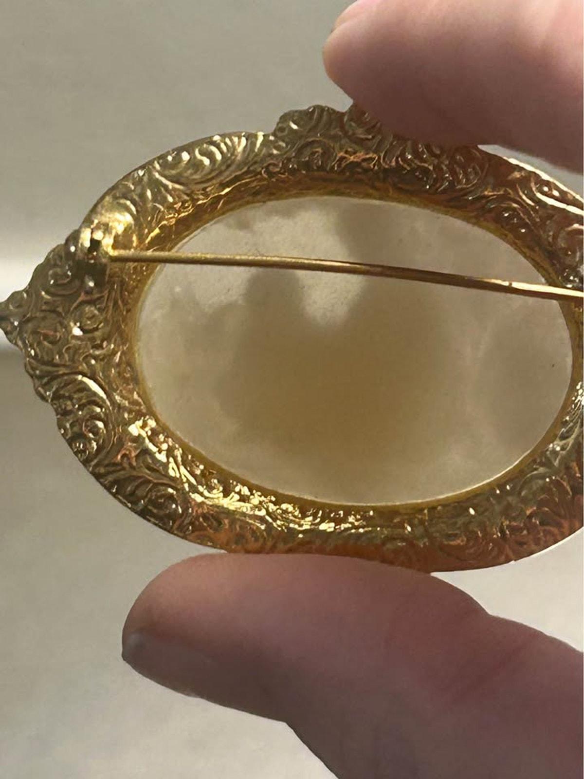 Vintage Victorian Revival Mother and Child Cameo Brooch Frosted Molded Inset Gold-Tone Frame