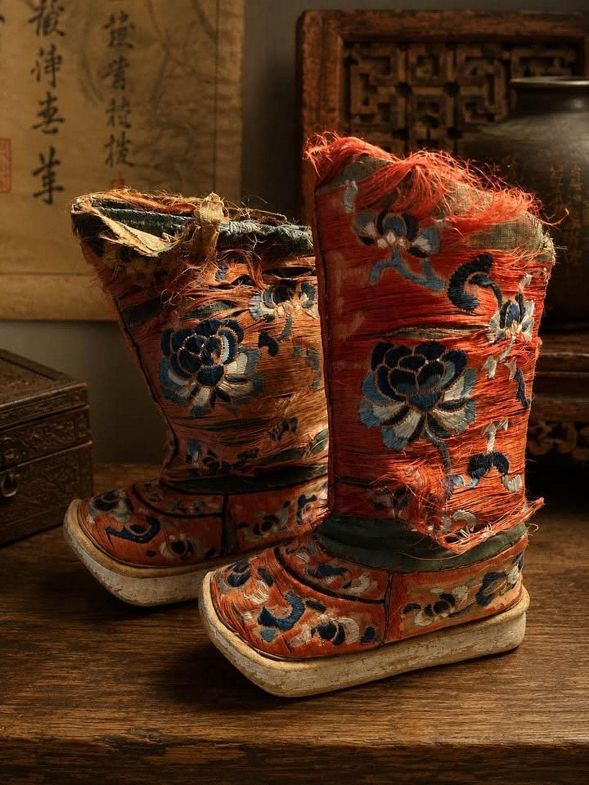 Antique Chinese Silk Embroidered Lotus Shoes Distressed Qing Dynasty