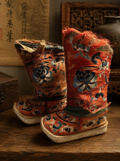 Antique Chinese Silk Embroidered Lotus Shoes Distressed Qing Dynasty