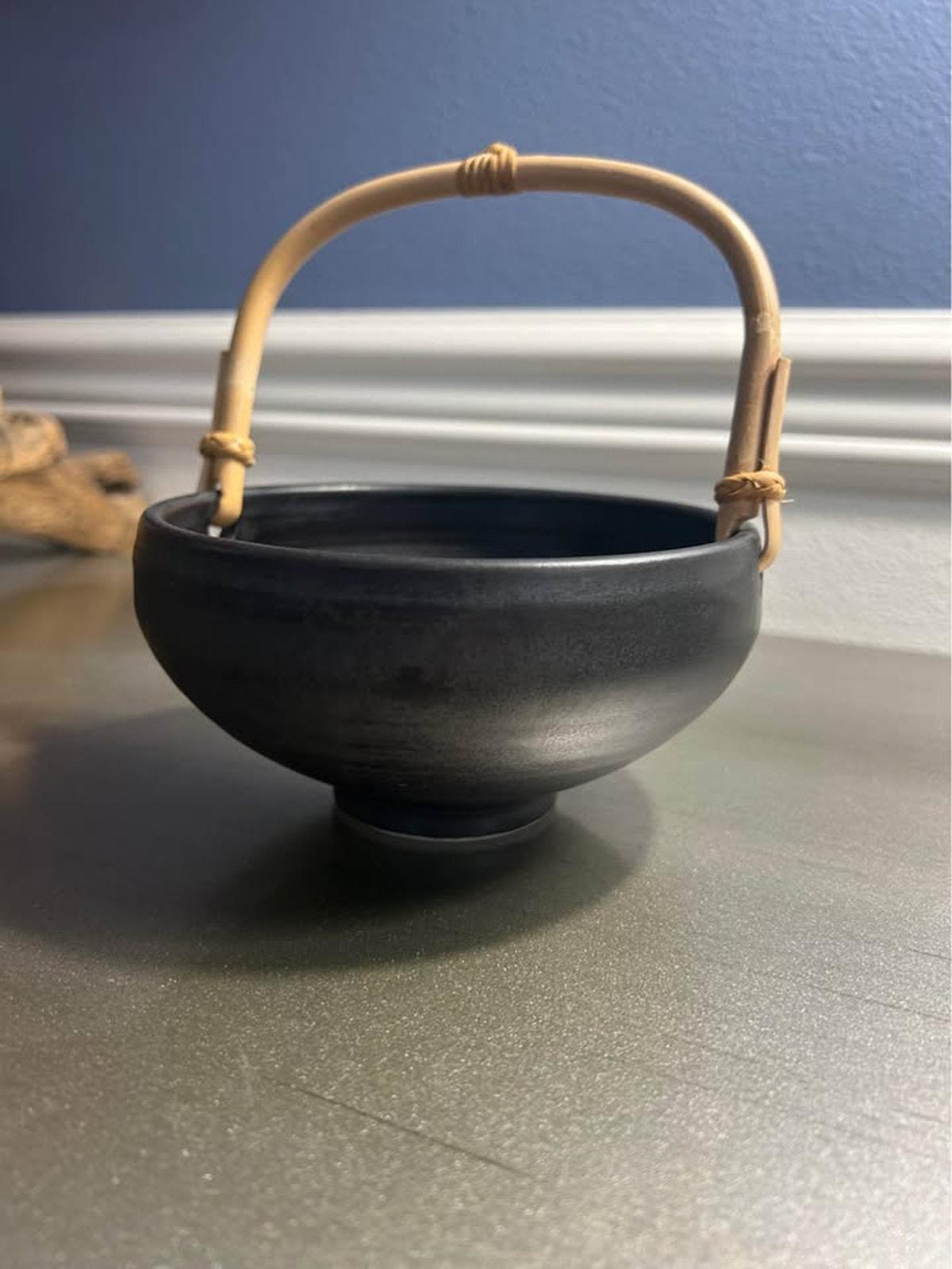Mid Century Modern Stoneware Bowl – Matte Black Bamboo Handle, Wabi Sabi Decor