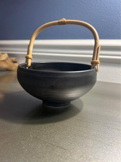 Mid Century Modern Stoneware Bowl – Matte Black Bamboo Handle, Wabi Sabi Decor