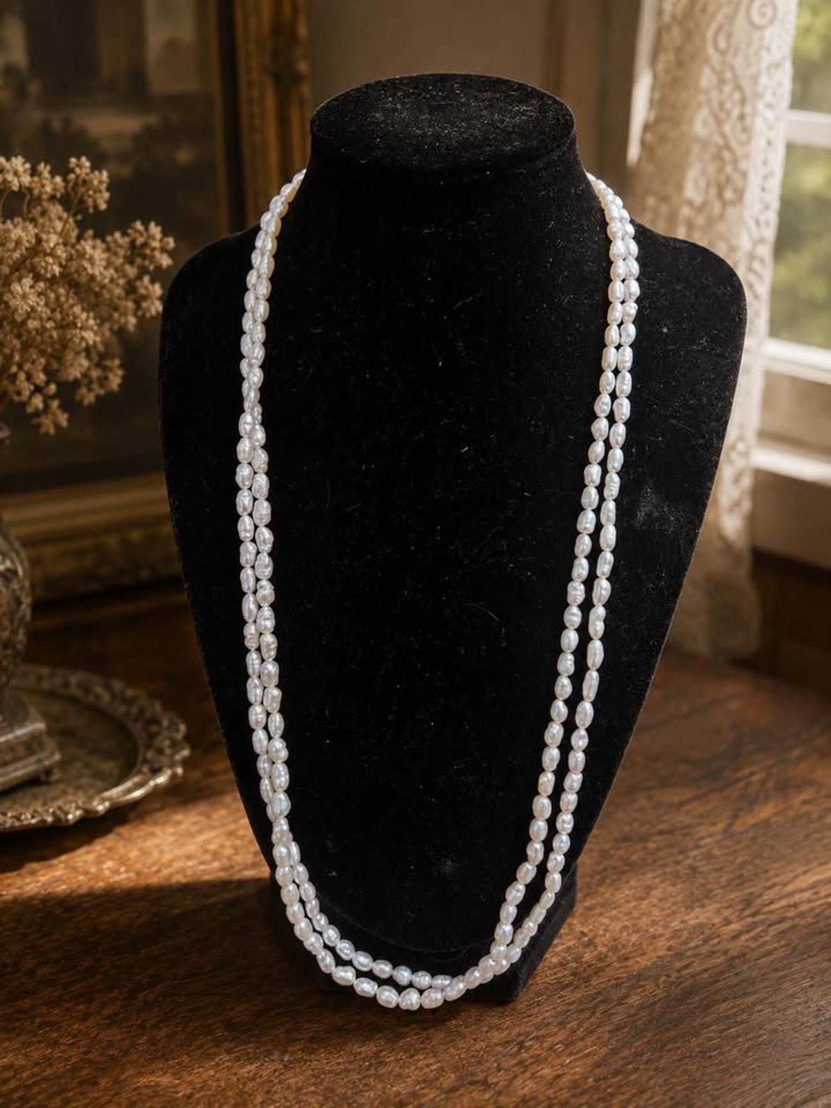 Vintage Double Strand Freshwater Rice Pearl Necklace 14K Gold Clasp
