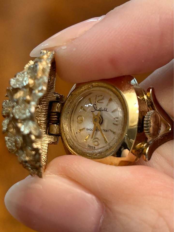 Vintage Sheffield Floral Dome Ring Watch Swiss Made Hidden Timepiece