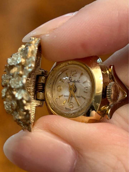 Vintage Sheffield Floral Dome Ring Watch Swiss Made Hidden Timepiece