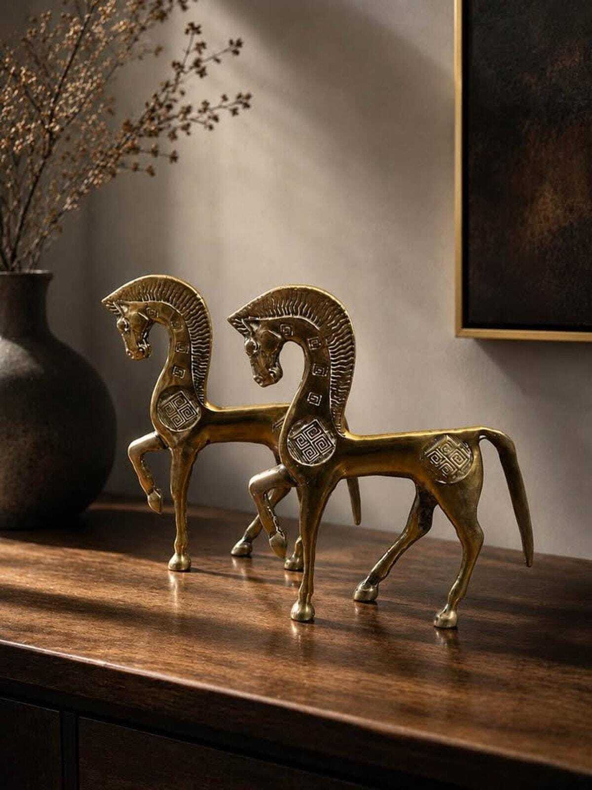 Vintage Mid-Century Brass Greek Geometric Horse Figurines | Etruscan Revival Sculptures | Frederick