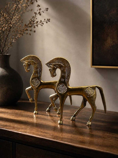 Vintage Mid-Century Brass Greek Geometric Horse Figurines | Etruscan Revival Sculptures | Frederick