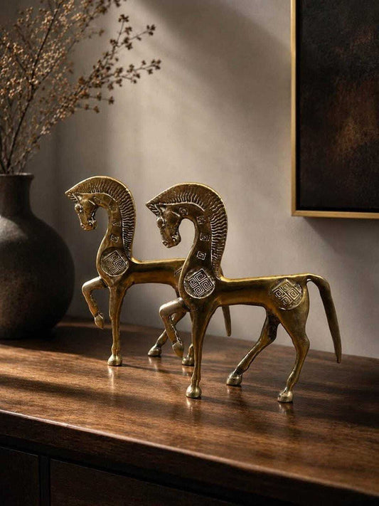 Vintage Mid-Century Brass Greek Geometric Horse Figurines | Etruscan Revival Sculptures | Frederick