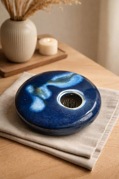Chris Powell Crystalline Ikebana Vase – Cobalt Blue Studio Art Pottery Kenzan