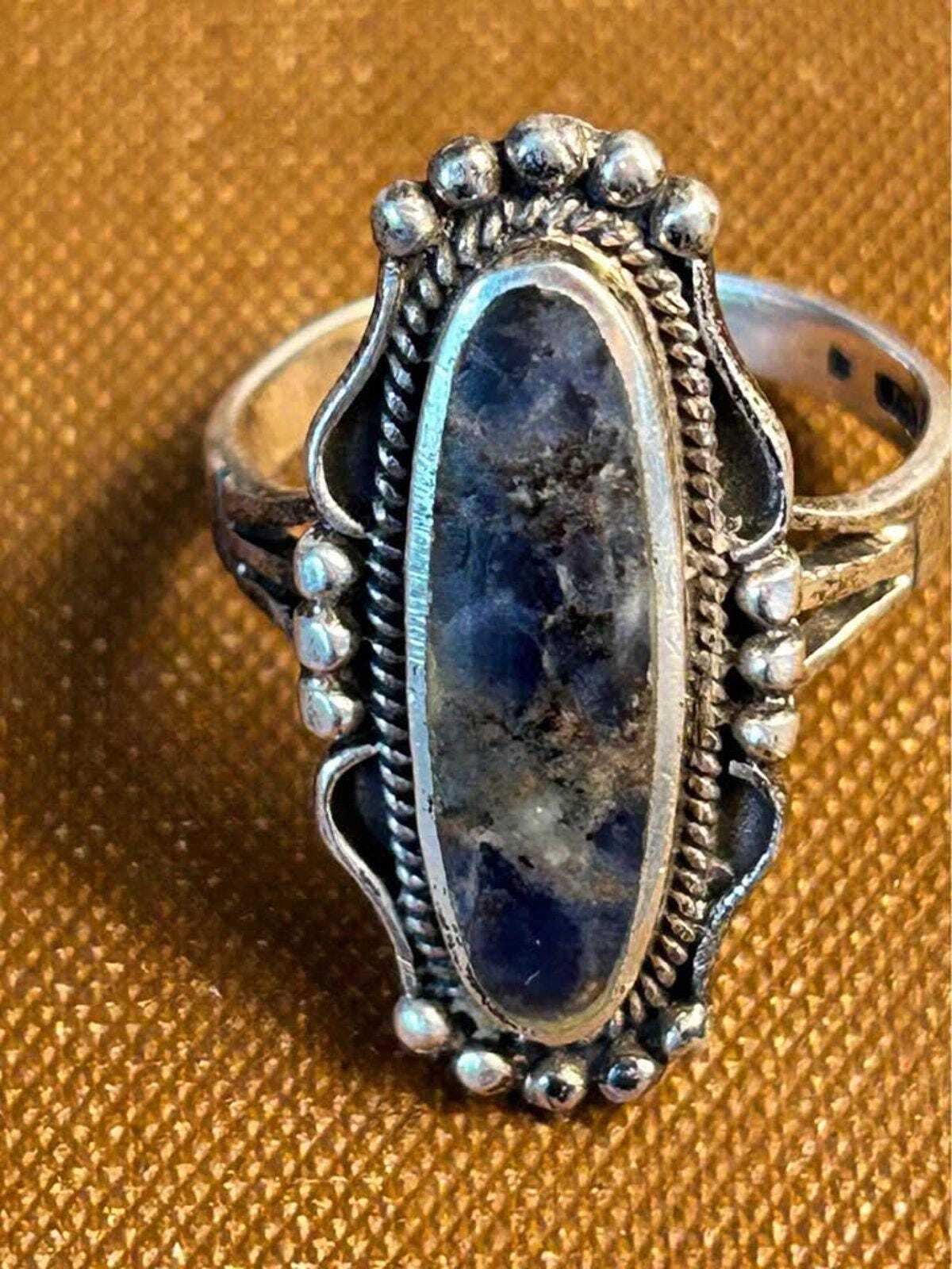 Vintage Sodalite 925 Sterling Silver Elongated Statement Ring Size 8